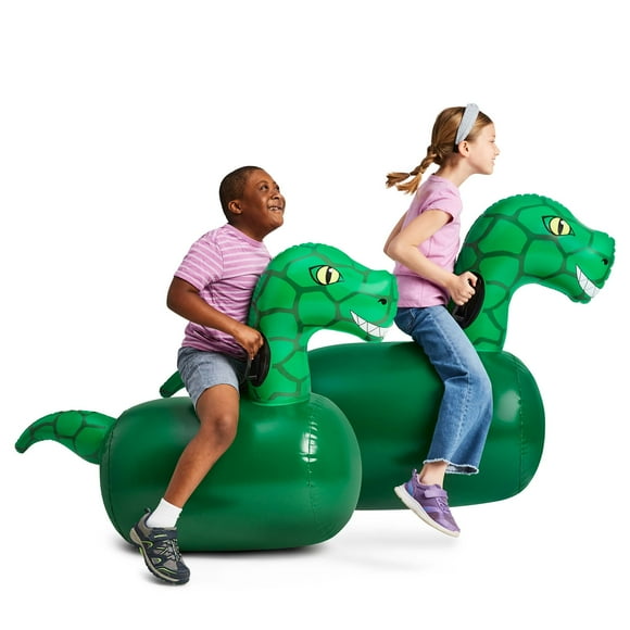HearthSong Hop 'n Go Inflatable Bouncing Ride-On, 48" L x 20" W x 42" H, Set of 2, Outdoor Play, Ages 5 and Up, Dinosaurs