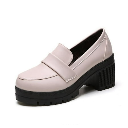 Womens Mary Janes Comfort Loafers Platform Chunky Mid-Heel Classic Round Toe Slip-on Uniform Dress Shoes Brogues Oxfords Vintage