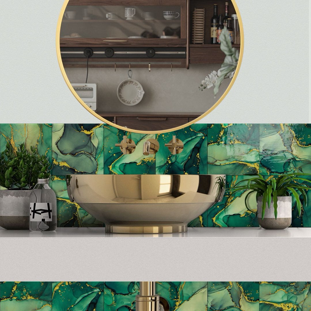 16-Sheets Tile Stickers Backsplash 8" x 8" Green Gold Marbling Wall Decals DIY Decor Peel and Stick Waterproof PVC Tile for Kitchen Bathroom