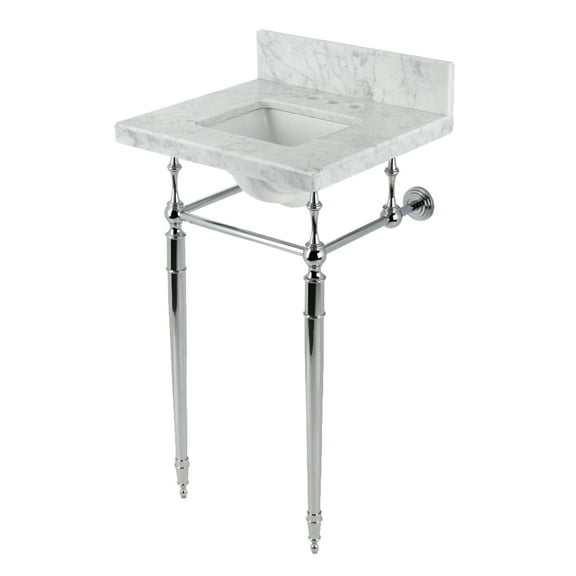 Kingston Brass KVPB1917M34SQ1 Edwardian 19" Carrara Marble Console Sink with Brass Legs (4-Inch, 3-Hole), Carrara Marble White/Polished Chrome