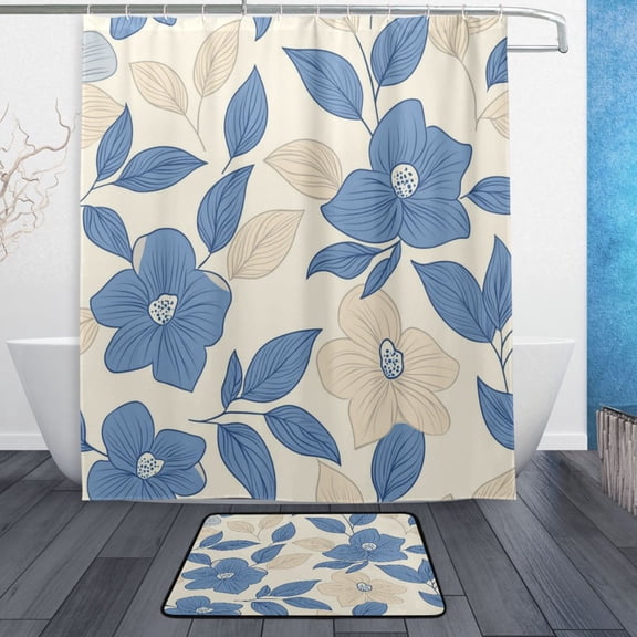 TTYFWHD 60" x 72" Shower Curtain and Bath Mat Set Beige Blue Floral Print Waterproof Bathroom Curtain with 12 Hooks, Bathroom Decor Set