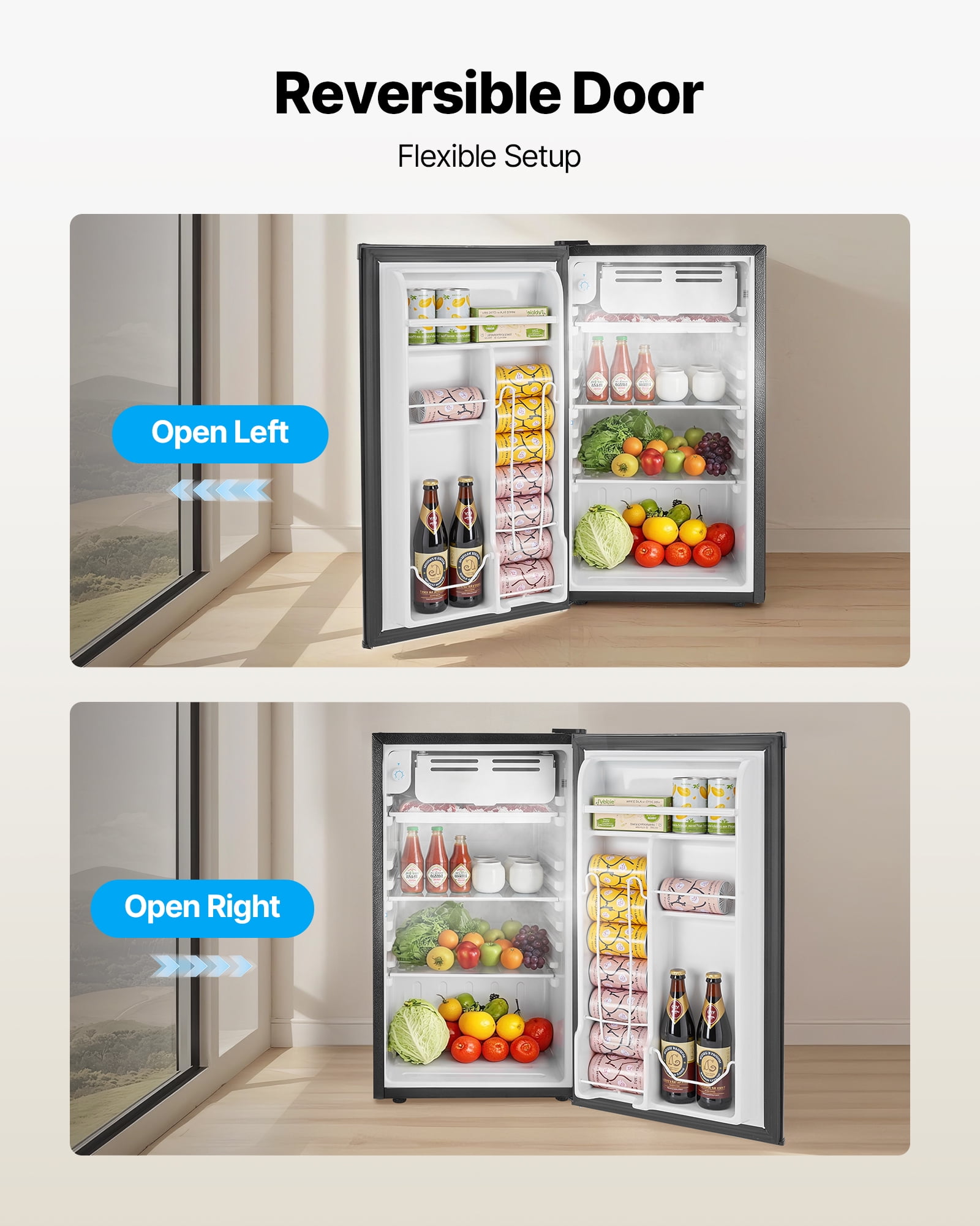 VEVOR Mini Fridge, 3.2 Cu.Ft, Single Door Compact Refrigerator, Adjustable Temperature, Glass Shelf, Energy Efficient Small Refrigerator, Reversible Door, Low Noise, for Bedroom Dorm Office, Black
