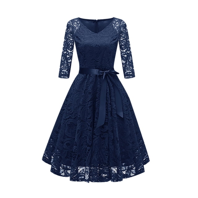 Vestido de Encaje de Manga Larga Con Cuello en V Y Temperamento Vintage Para Mujer Odeerbi ODB114151