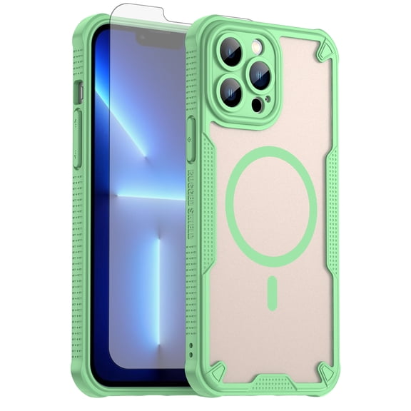 Asuwish Phone Case for iPhone 13 Pro Max 2021 6.7 inch Compatible with Magsafe Magnetic Tempered Glass Screen Protector Translucent Matte Back Shockproof Protective Cell Cover iP13pm Women Men Green