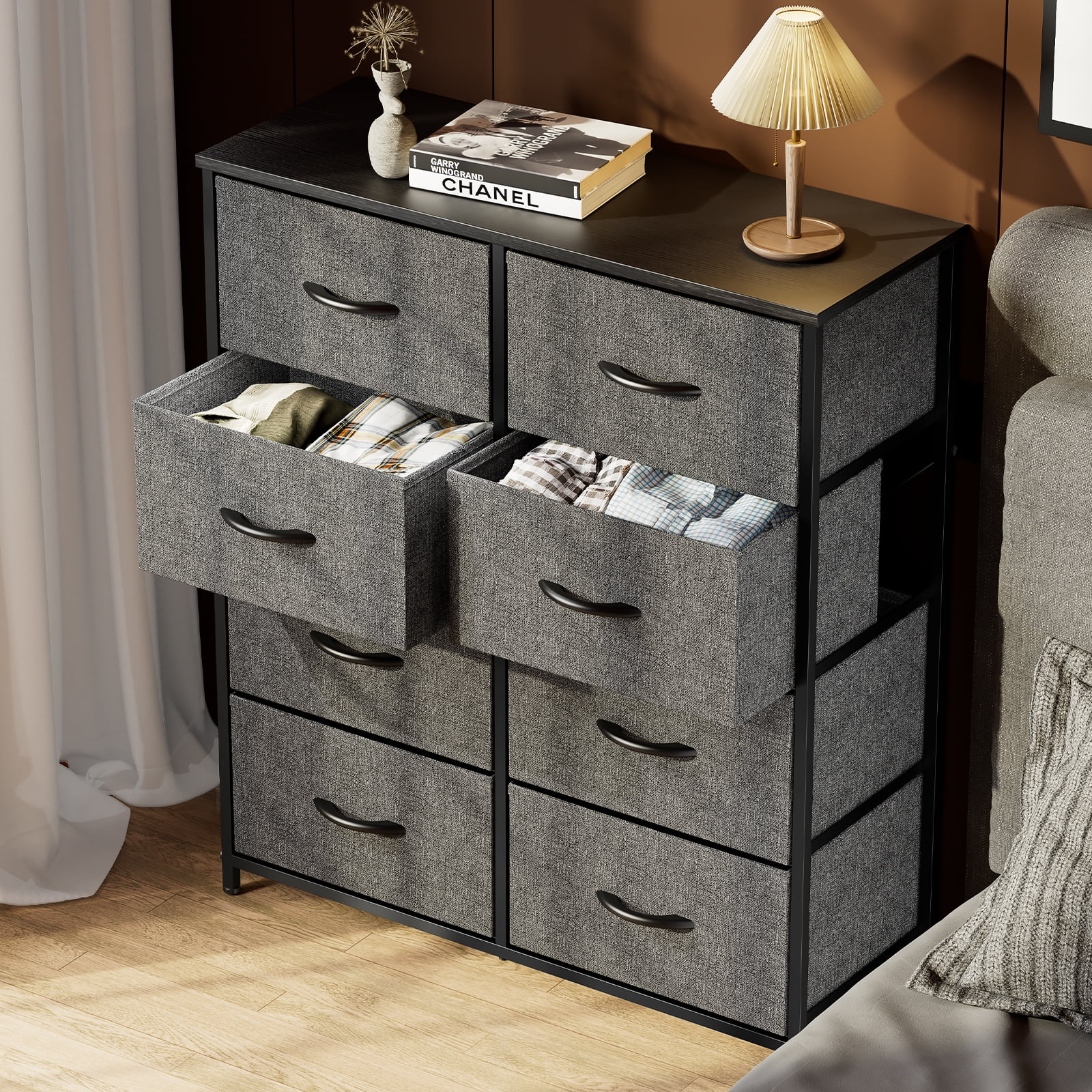 Aukfa 8 Drawer Dresser,Tall Fabric Dresser & Chest of Drawers for Bedroom,Metal Frame,Gray
