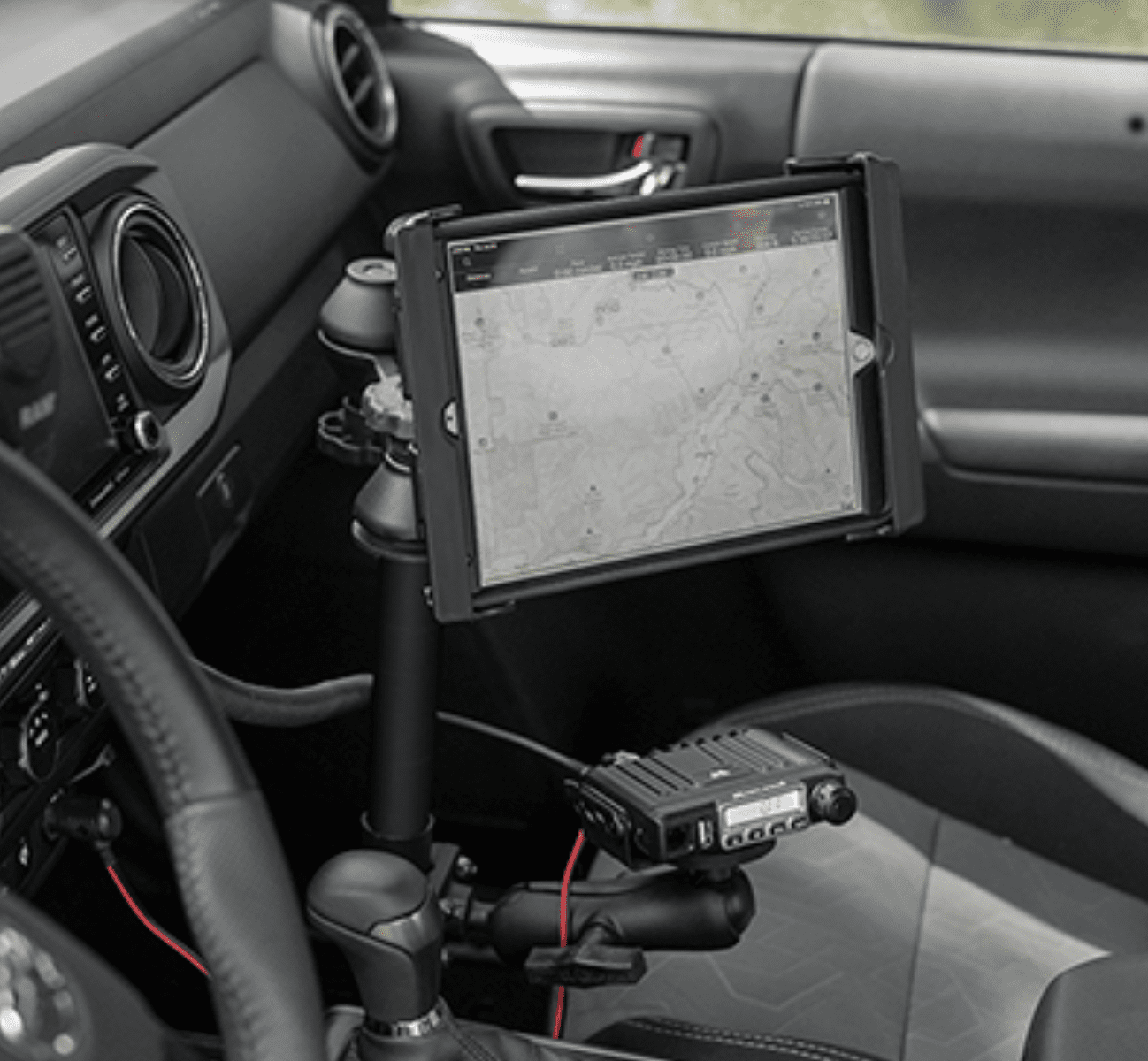 RAM No-Drill - Mounting kit (dual articulating swing arm, mounting base, pole, ball joint) - for notebook / tablet - steel, marine grade aluminum - car seat rails