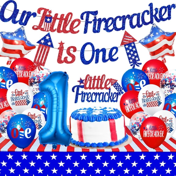 AYDILOUP Little Firecracker Decorations 4th KKS1 of July Balloons Glitter Little Firecracker Banner Cake Topper Tablecloth for Independence Day Patriotic 1st Party Supplies