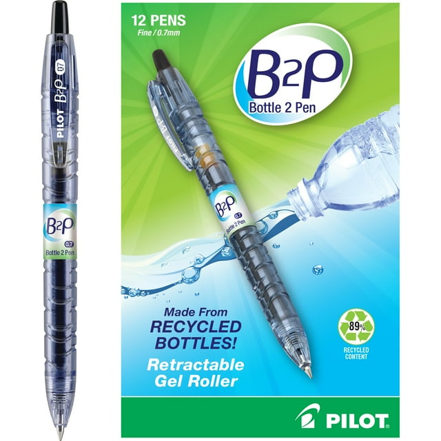 Pilot B2P - Bolígrafo De Gel De Bola Rodante Recargable Y Retráctil De Botella A Bolígrafo Hecho De Botellas Recicladas, Tinta G2 Negra De Punta Fina, Paquete De 12 (31600)