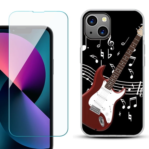 Slim-Fit Gel TPU Phone Case for iPhone 13 Mini, with Tempered Glass Screen Protector, by OneToughShield ® - Guitar Red