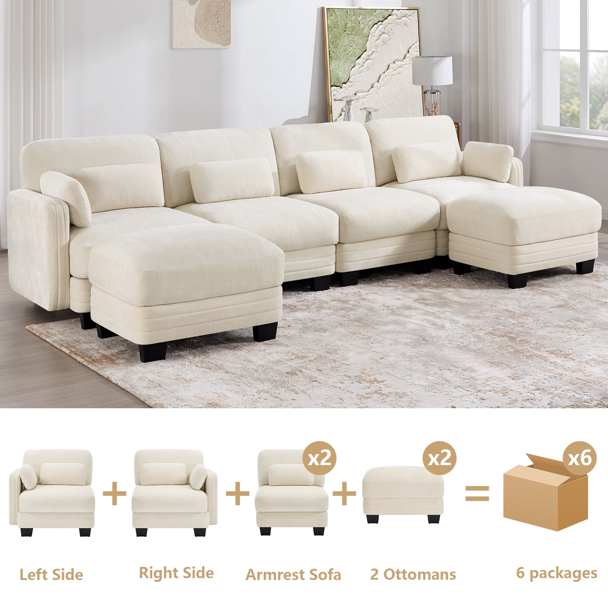 130" U-shaped Tufted Modern Modular Sectional 4 Seater Sofa Couch with 2 Ottomans and 6 Pillows