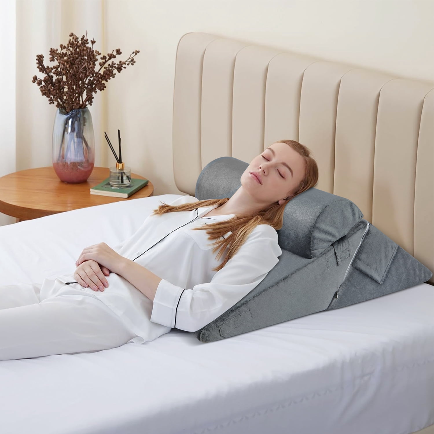MOONORAH Wedge Pillow for Sleep Apnea, Adjustable Wedge Pillow Headboard, Bed Wedge Pillow for Acid Reflux and Back Pain Relief, Pillow Wedge for Sleeping with Neck Support Pillow, Flannel, Grey