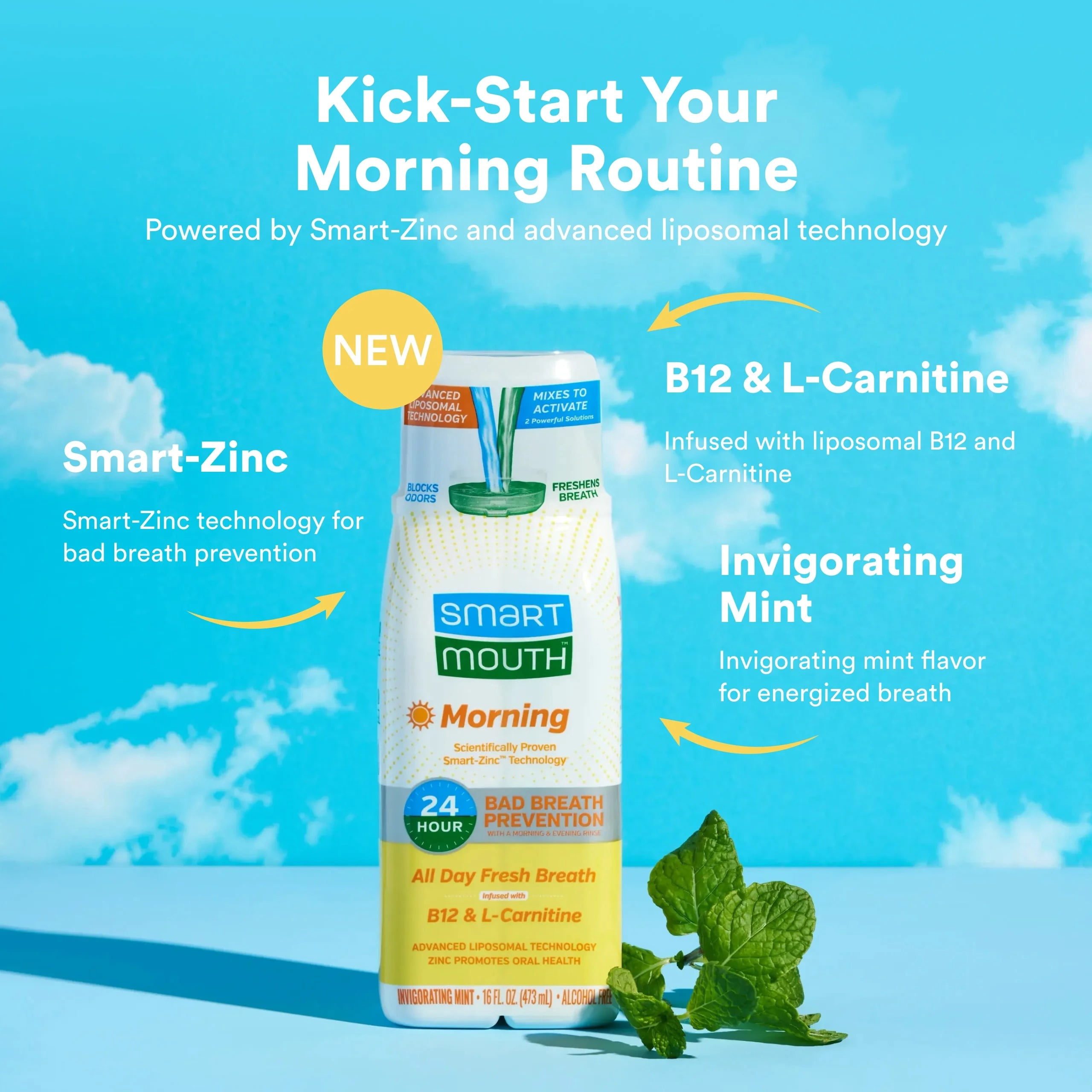 SmartMouth Advanced Liposomal Morning Mouthwash - All-Day Fresh Breath - Vitamin B12 & L-Carnitine - Dual-Solution Zinc-Activated Morning Mouthwash - Invigorating Mint Flavor - 16 fl oz Each, 3-Pack