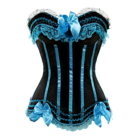ZQGJB Corset Top Bustier Plus Size Women s Overbust Satin Floral Lace up Trim Renaissance Slimming Gothic Shapewear with Bowknot Decor Light Blue XXXL