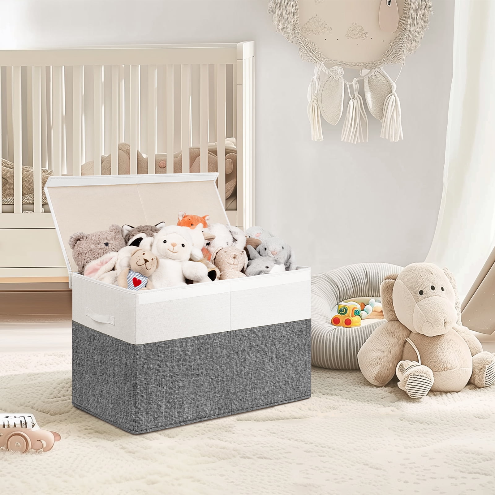 Large Toy Storage Box with Lids, Collapsible Sturdy Baby Storage Organizer Chest Bin Basket for Kids, Boys, Girls, Playroom, Nursery, Bedroom, Closet 25"x13"x16" (Grey & White）