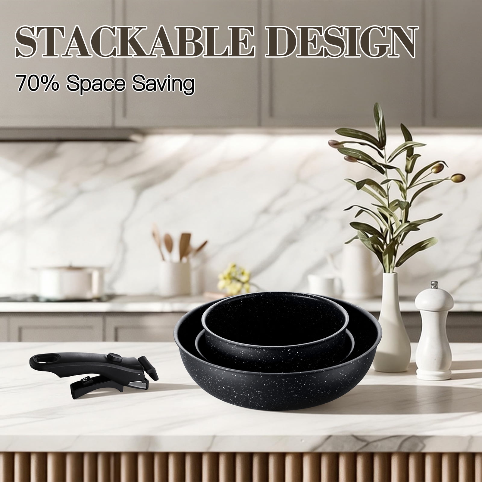 Vesteel 12Pcs Pots and Pans Set, Nonstick Cookware Set with Detachable Handle and Egg Frying Pan, Stackable RV Kitchen Cooking Utensils Set, Black