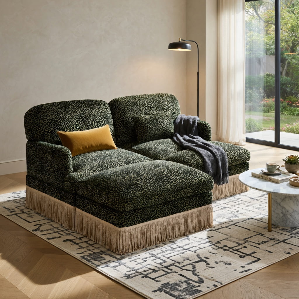 Hommoo Modern Leopard Print Chenille Loveseat Sofa with Movable Ottomans, 2-Seat Deep Seat Couch, Tassel Trim, Ergonomic Support & Easy Assembly for Living Room, Green Black