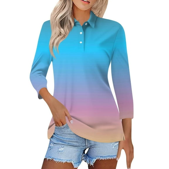Sweet Home Farm 3/4 Sleeve T Shirts for Women Summer Striped Print Tops Collared Button Down Breathable Trendy Tunic V Neck T Shirts Black