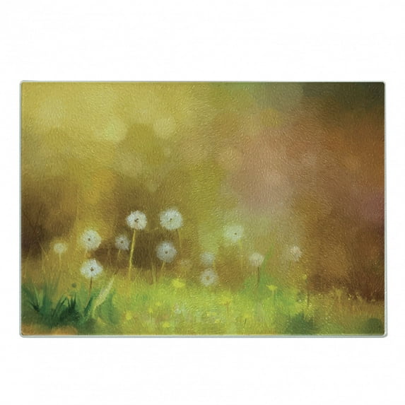 Flower Cutting Board, Dandelion Field Wild Nature Pastel Grass Spring Themed Floral Work of Art, Decorative Tempered Glass Cutting and Serving Board, Small Size, Yellow Green, by Ambesonne