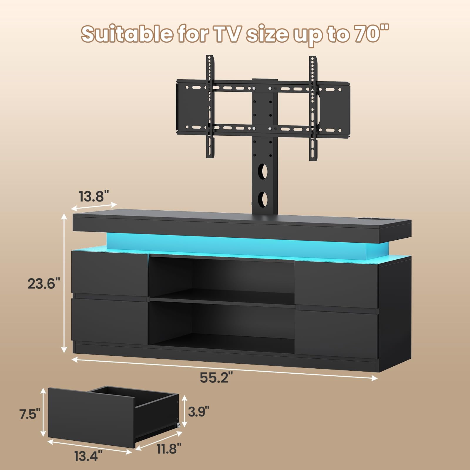Afuhokles TV Stand with Mount and Power Outlet, TV Mount for TVs up to 75 inch TV, Modern LED TV Stand with Shelves and 4 Drawers, Black