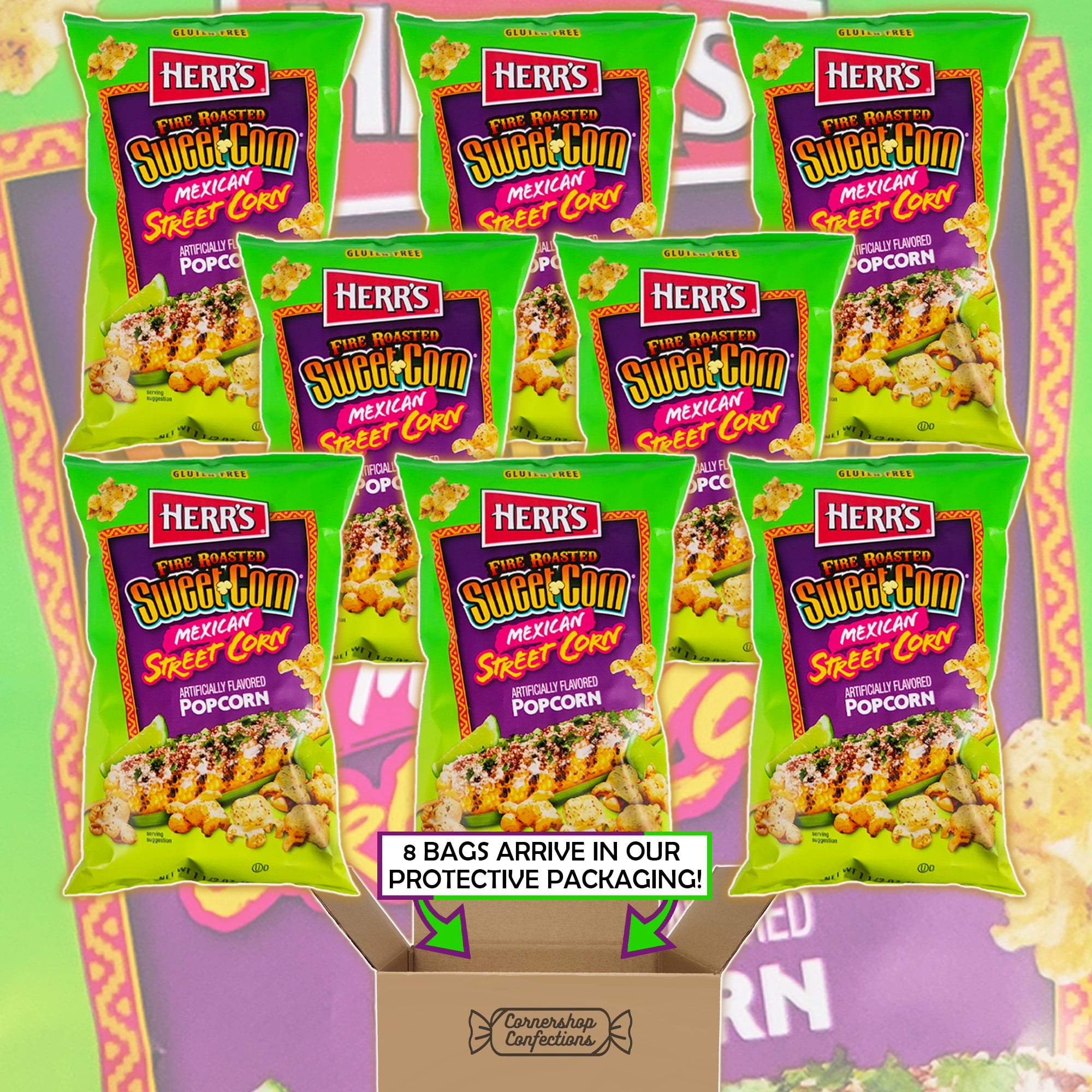Herr's Fire Roasted Mexican Street Corn Bulk Share Pack - 8 1.5oz Bags of Air-popped Gluten Free Mexican Street Corn Flavored Popcorn - Movie Night, Flights, Work Snack in Cornershop Confections Box