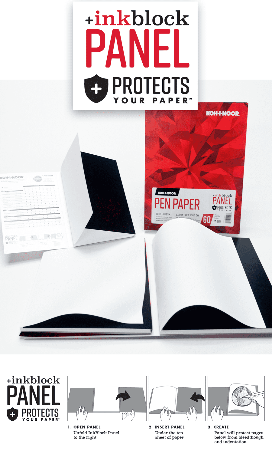 Koh-I-Noor 11" x 14" Pen Paper Bright White Smooth Paper Pad with "Ink Block" Panel, 80 lb. / 118 GSM, 60 Sheets/Pad, 1 Each