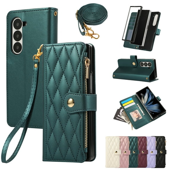 for Samsung Galaxy Z Fold 7 Wallet Case with Zipper Pocket Card Holder & Crossbody Lanyard Strap & Wrist Strap, Flip Stand PU Leather Magnetic Folio Purse Case for Samsung Galaxy Z Fold 7, Green