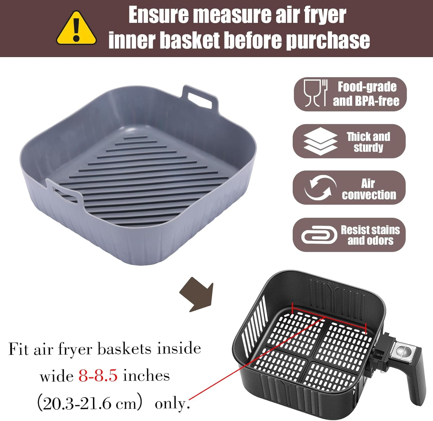 Silicone Liners Square for 8 to 8.5 inch Air Fryer, 4 Pcs Non-stick Food-grade Reusable Basket Baking Tray Airfryer Accessories