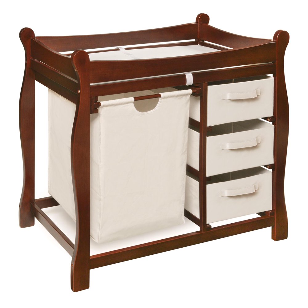 Badger Basket Sleigh Style Baby Changing Table with Hamper and 3 Baskets, Cherry, Includes Pad