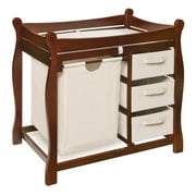 Badger Basket Sleigh Style Baby Changing Table with Hamper and 3 Baskets, Cherry, Includes Pad