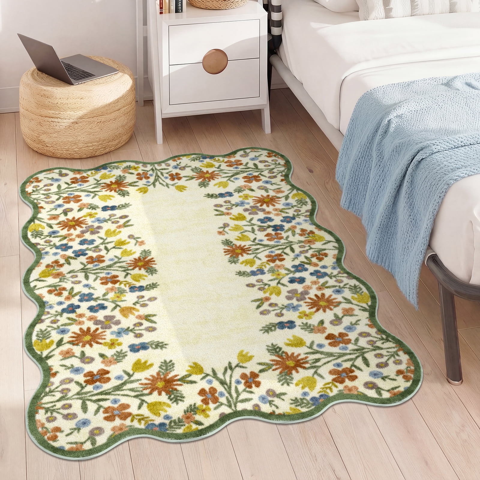 Washable Area Rug for Living Room, 4'x6' Floral Non-Slip indoor Rug, Soft Low Pile & Stain Resistant Boho Accent Carpet for Bedroom, Dining Room, Kitchen, Entryway, Nursery