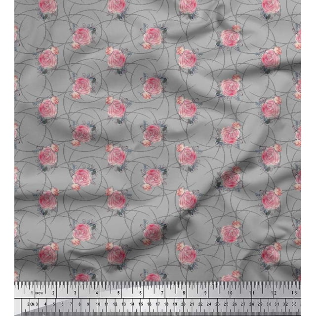 Soimoi Gray Poly Georgette Fabric Peach Rose Watercolor Print Fabric by Yard 42 Inch Wide