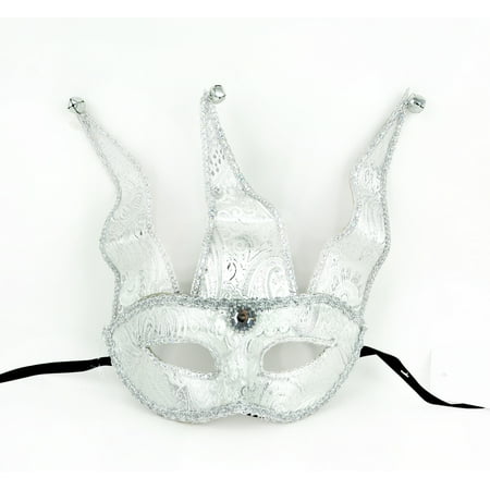 Mardi Gras Decorative and Detailed Half Mask with Jester Points Bells Silver 8