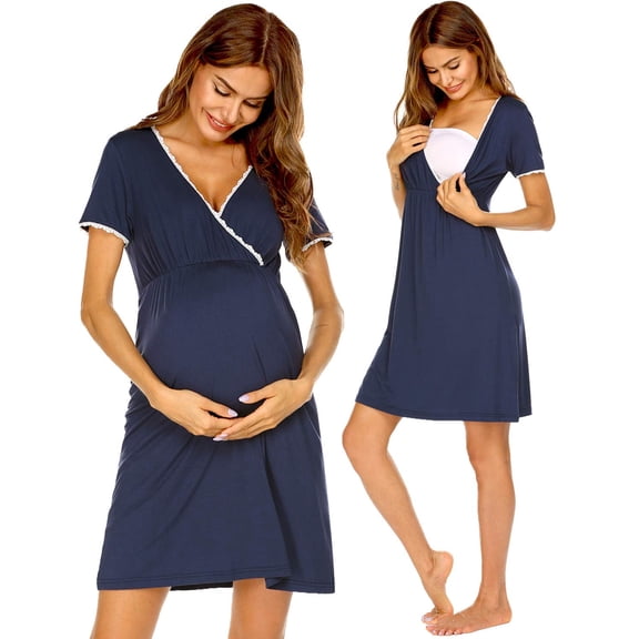 KISSGAL Women 3 in 1 Delivery/Labor/Nursing Nightgown Short Sleeve Pleated Maternity Sleepwear for Breastfeeding Sleep Dress(S-XXL)