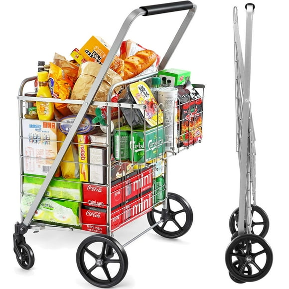 Wellmax Shopping Cart, Metal Grocery Carts For Groceries, Folding Cart For Convenient Storage And Holds Up To 160lbs, Dual Swivel Wheels and Extra Basket, Silver