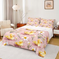 jejeloiu Rustic Duck Queen Sheet Sets,Country Flower Floral Flat Sheet,Pink Yellow Queen Fitted Sheet For Boys Teens,Ultra Soft Home Decor,4pcs