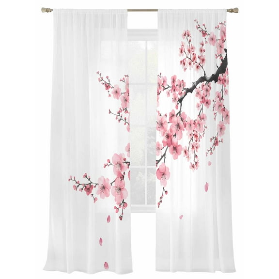 Pink Flower Sheer Curtains 96 Inch Length 2 Panels Set, Semi Transparent Voile Rod Pocket Curtains for Living Dining Room Bedroom Drapes Spring Summer Botanical Floral Branches