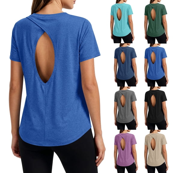 Miluxas Womens Open Back Workout Tops Summer Backless Cute Short Sleeve Athletic Shirts Loose Fit Quick Dry Gym Yoga Tee Purple