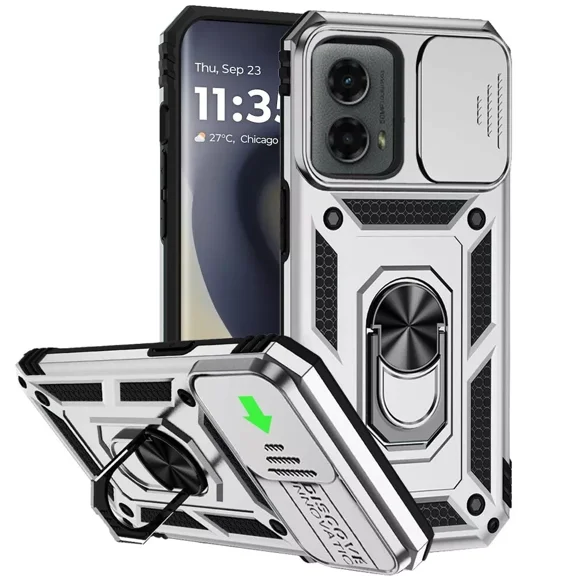 For Motorola Edge 5G 2024 XT2405V Camera Push Magnetic Ring Hybrid Kickstand Cover Cell Phone Case Tempered Glass - Silver