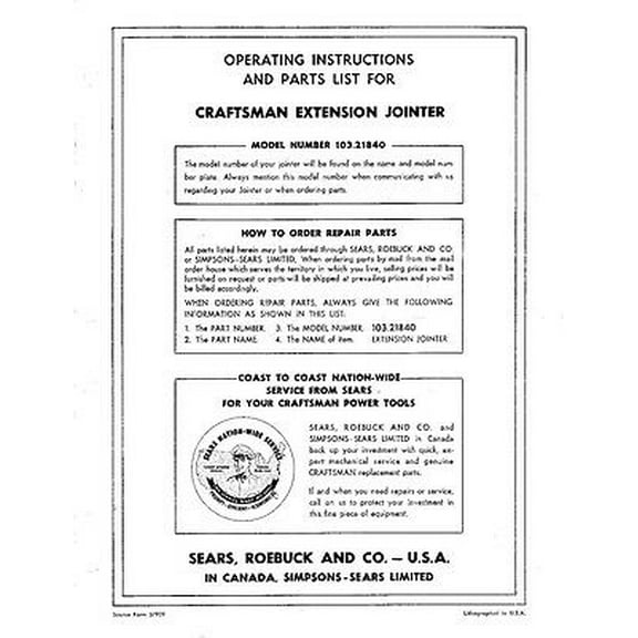 Instruction Manual ONLY for Craftsman 103.21840 Extension Jointer Instructions REPRINT