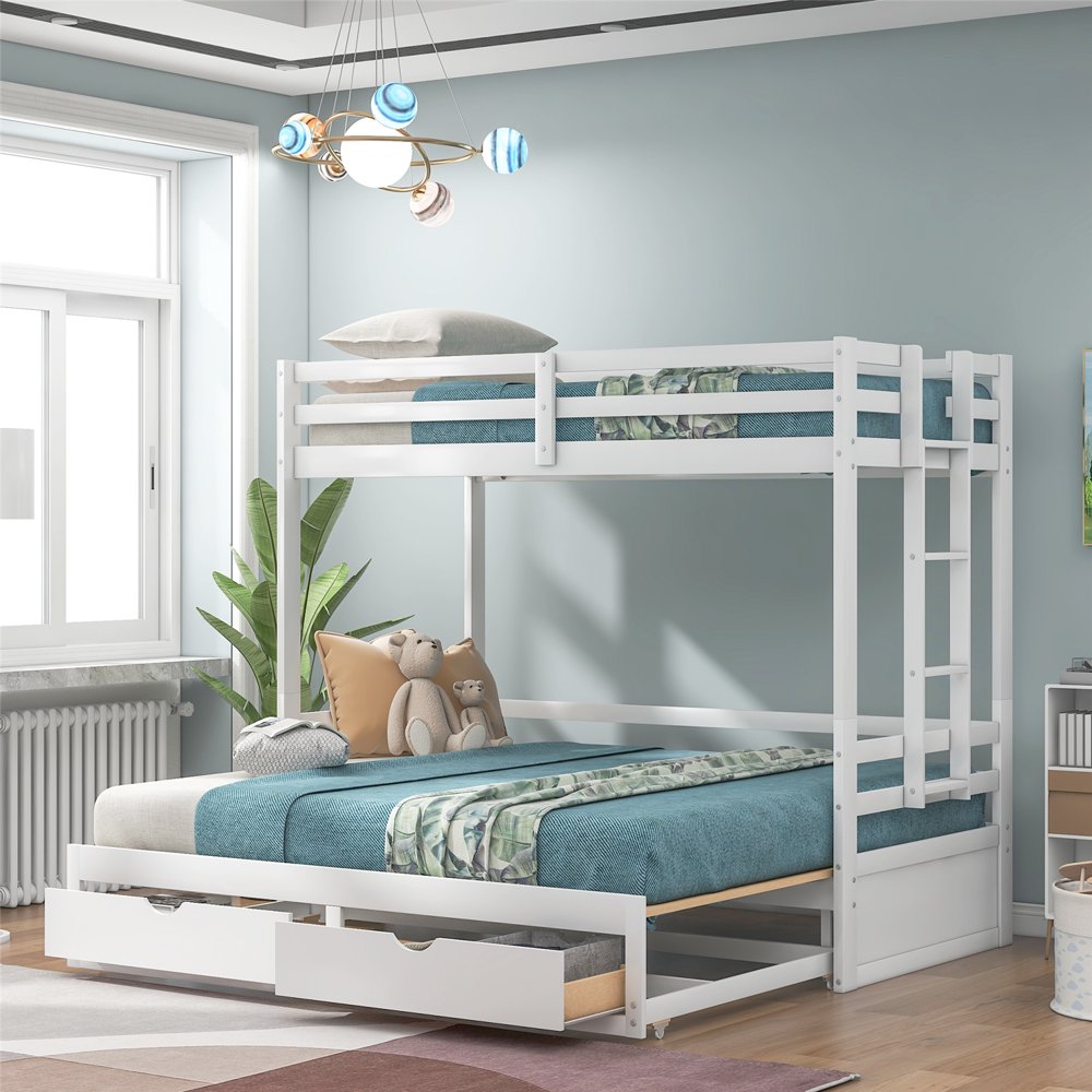 White Detachable Bunk Bed, Twin over Twin/Full/King Bunk Bed with 2