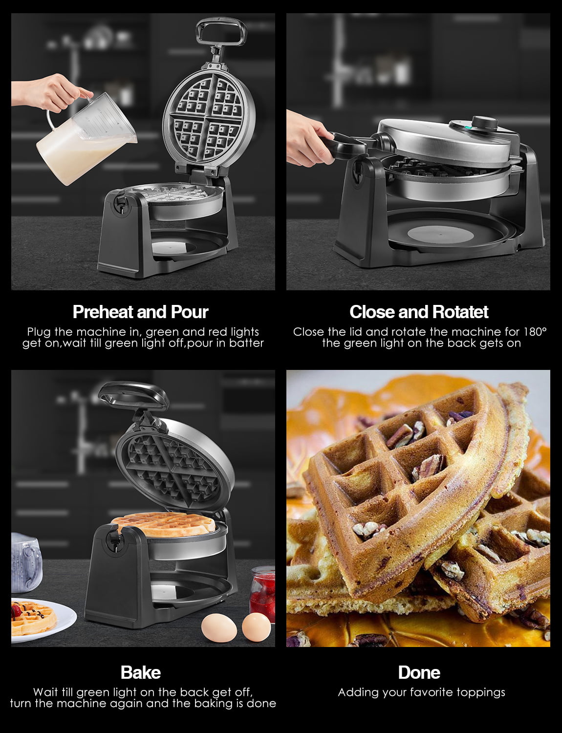 AICOOK 180° Flip Double Waffle Iron 4-Slice Non-Stick Plates Waffle Maker 