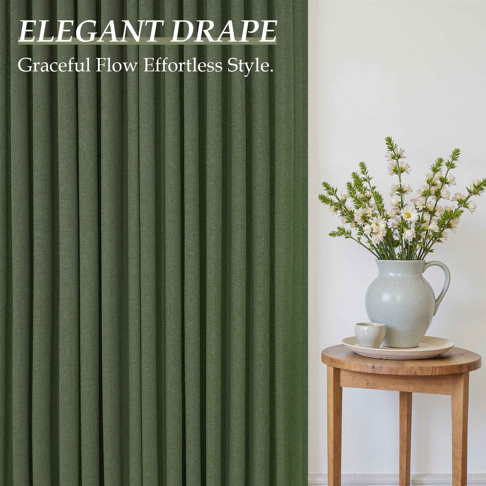 Jainmy Pinch Pleated Linen Curtains, Boho Light Filtering Living Room Bedroom Curtain,Window Treatments with Hook,Olive Green, 40x84 inch, 2 Panels