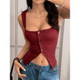 thumbnail image 4 of Womens Square Neck Button Down Ribbed Tank Tops Cute Sleeveless Summer Tops Red L, 4 of 7