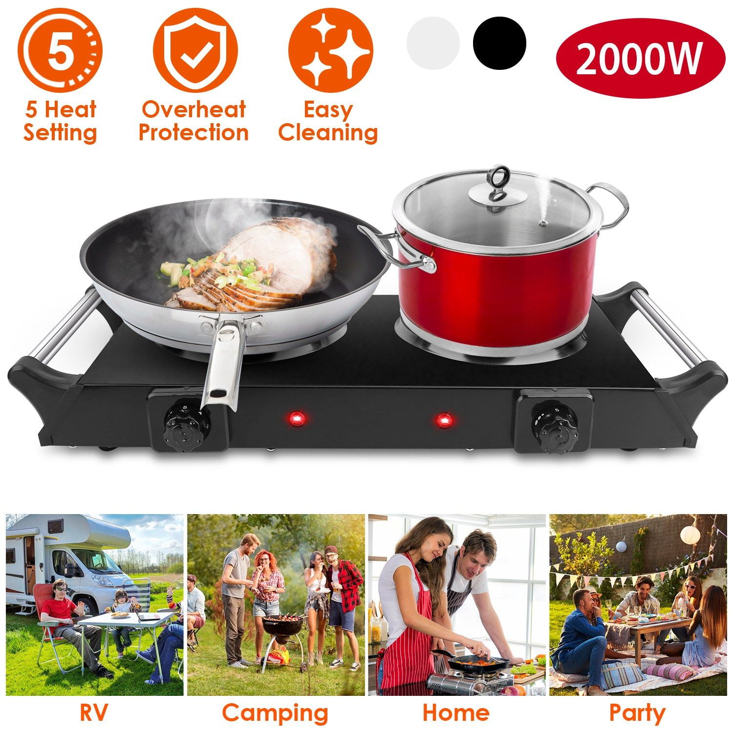 Portable Dual Burner Electric Stove, 2000W, 5 Heat Levels, Easy Clean - Black