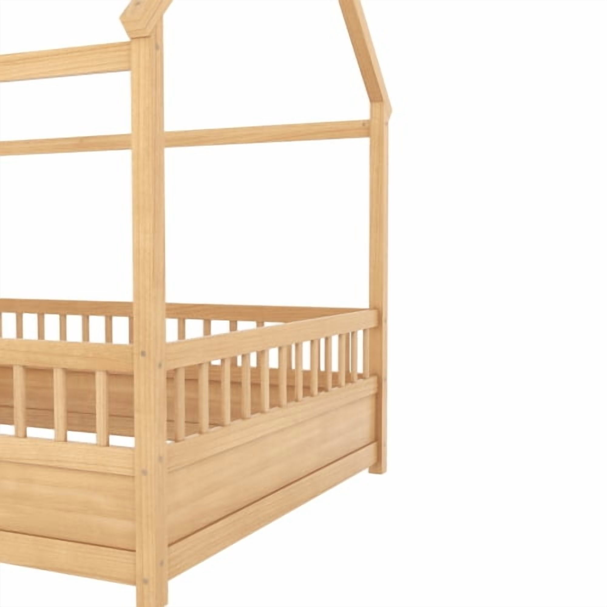 Bellemave Full Size Floor Bed, Wood Full House Bed with High Fence, Safe Playhouse Montessori Floor Bed, Natural