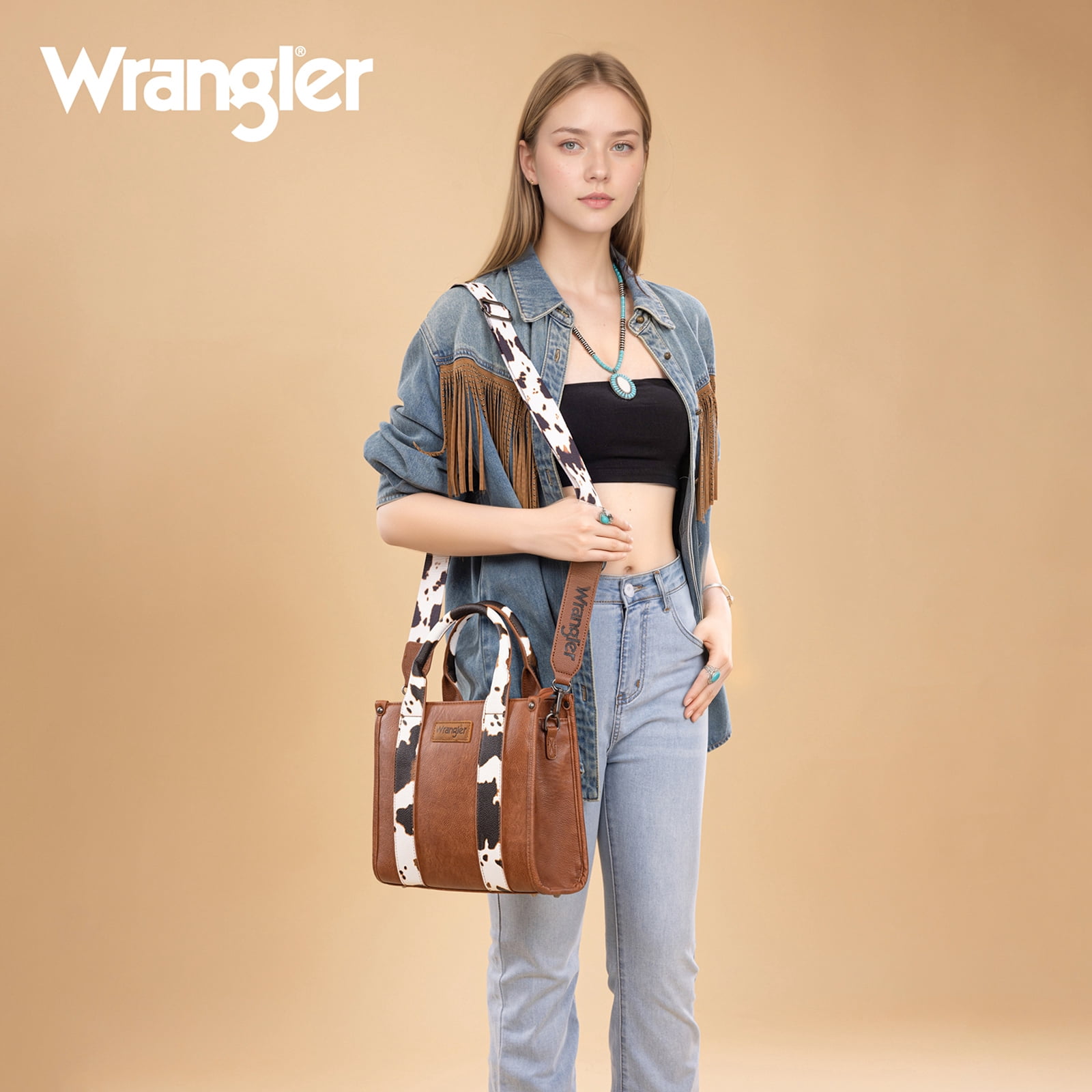 Wrangler Aztec Tote Bag for Women Boho Shoulder Purse, Cow-Brown
