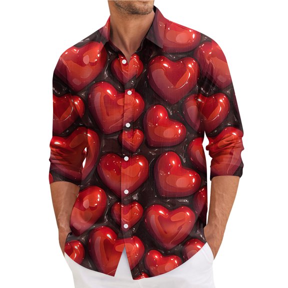 Fgvctg Mens Valentine's Day Shirts Long Sleeve Cotton Button Down Shirts Casual Date Day Love Heart Print Collared Blouse Oversized Business Casual Tops Red XL