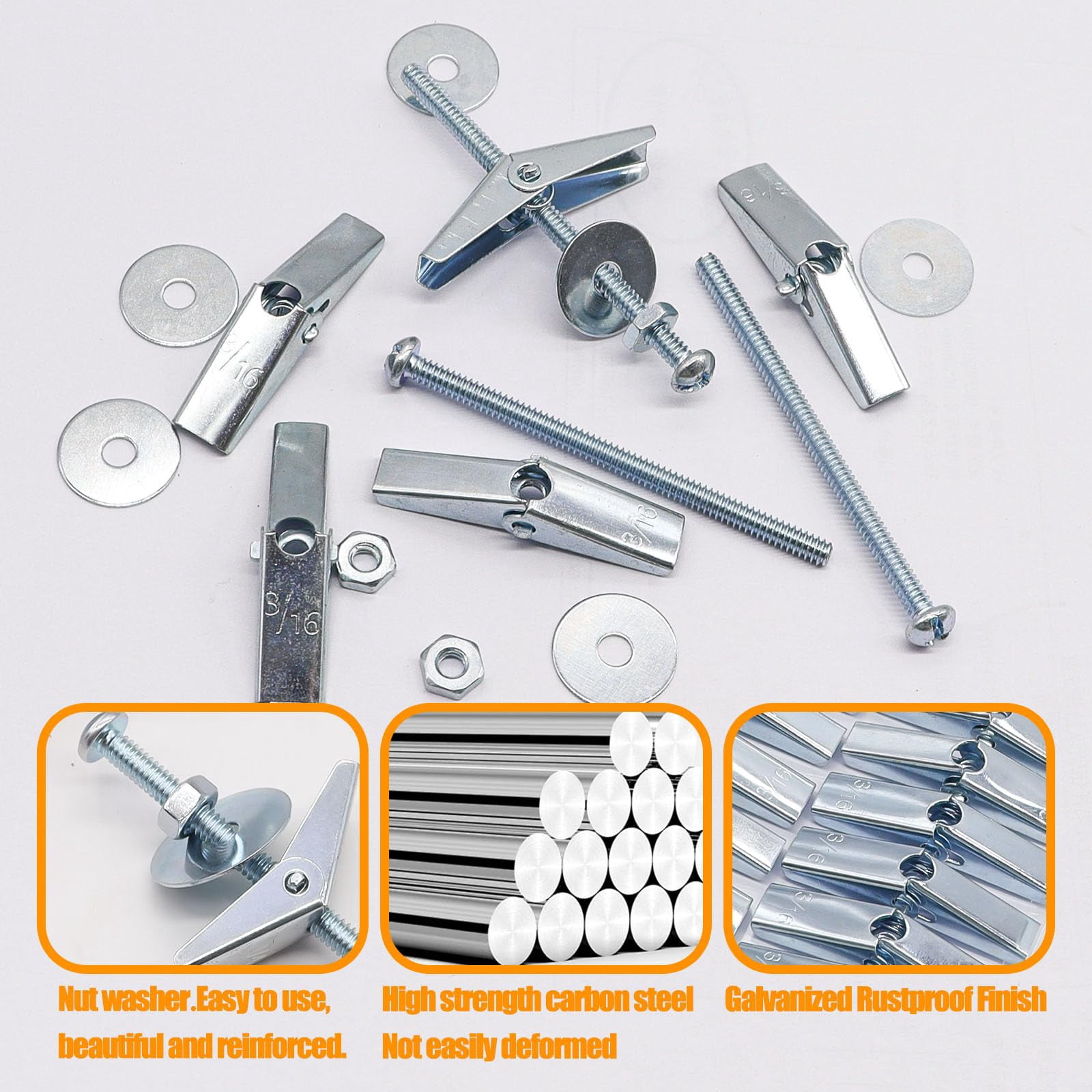 100Pcs Toggle Bolts 1/8" 3/16" 1/4" Heavy Duty Drywall Anchors and Screws Assortment Set Toggle Bolts and Wing Nut Kit with Nuts washers (25sets) K-136