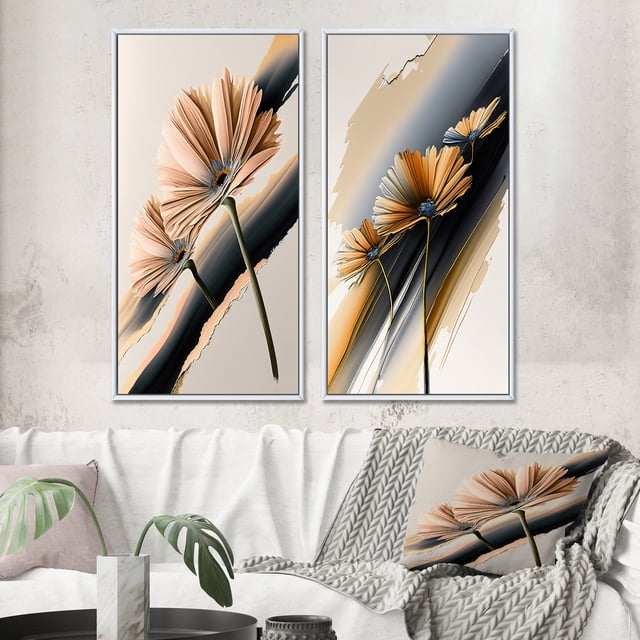 Designart "Hyperrealistic Gerbera Blossoms I" Gerbera Framed Wall Art Set Of 2 - White Floral Gallery Wall Frame Set For Home Decor