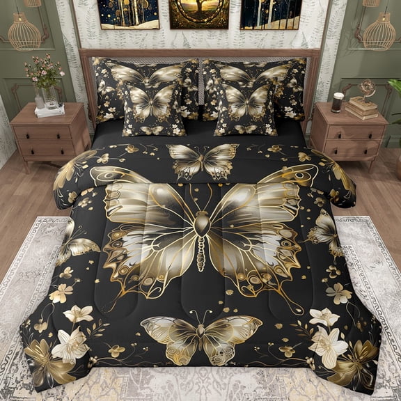 Manfei Flowers Butterflies Boy Girl Twin Bedding Sets 7-Piece,Vintage Aesthetic Bedding Comforter Set Microfiber,Exotic Style Breathable Sheet Sets,Super Cozy Room Decor,Reversible